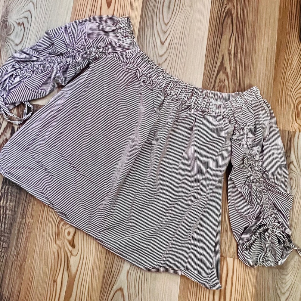 Off The Shoulder Brown Boho Peasant Striped Ruched Sleeve Blouse Soprano Size M